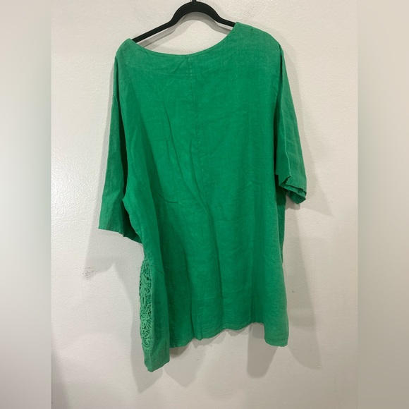 LaBass Tunic  Women Short Sleeve Embroidered Green 100% Linen Italy One Size - Picture 4 of 11